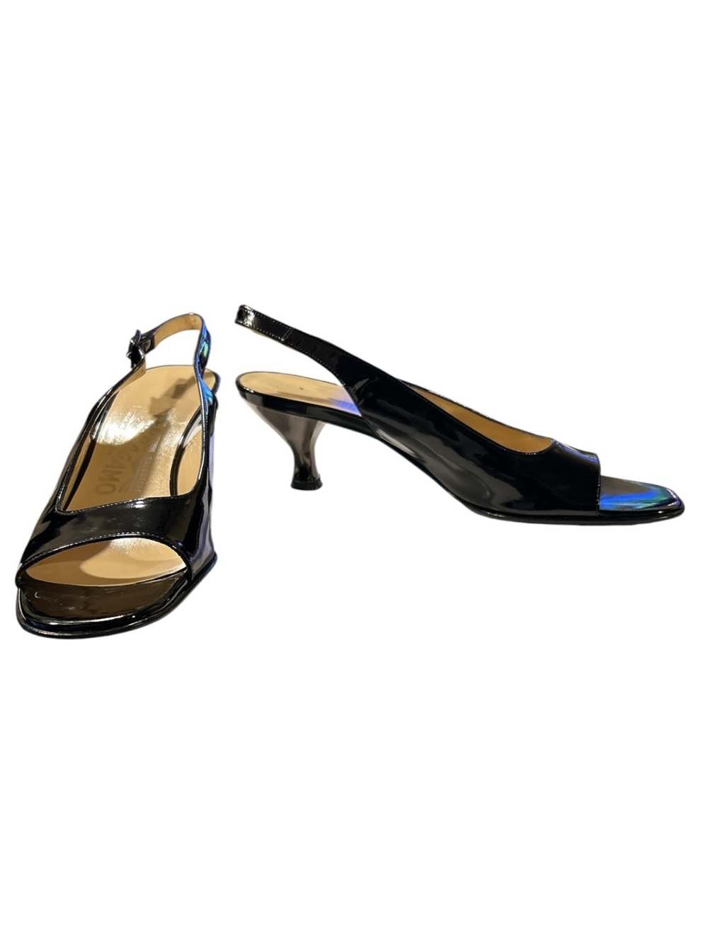 Vintage Salvatore Ferragamo Black Patent Leather Peep Toe Slingback Heels 7B